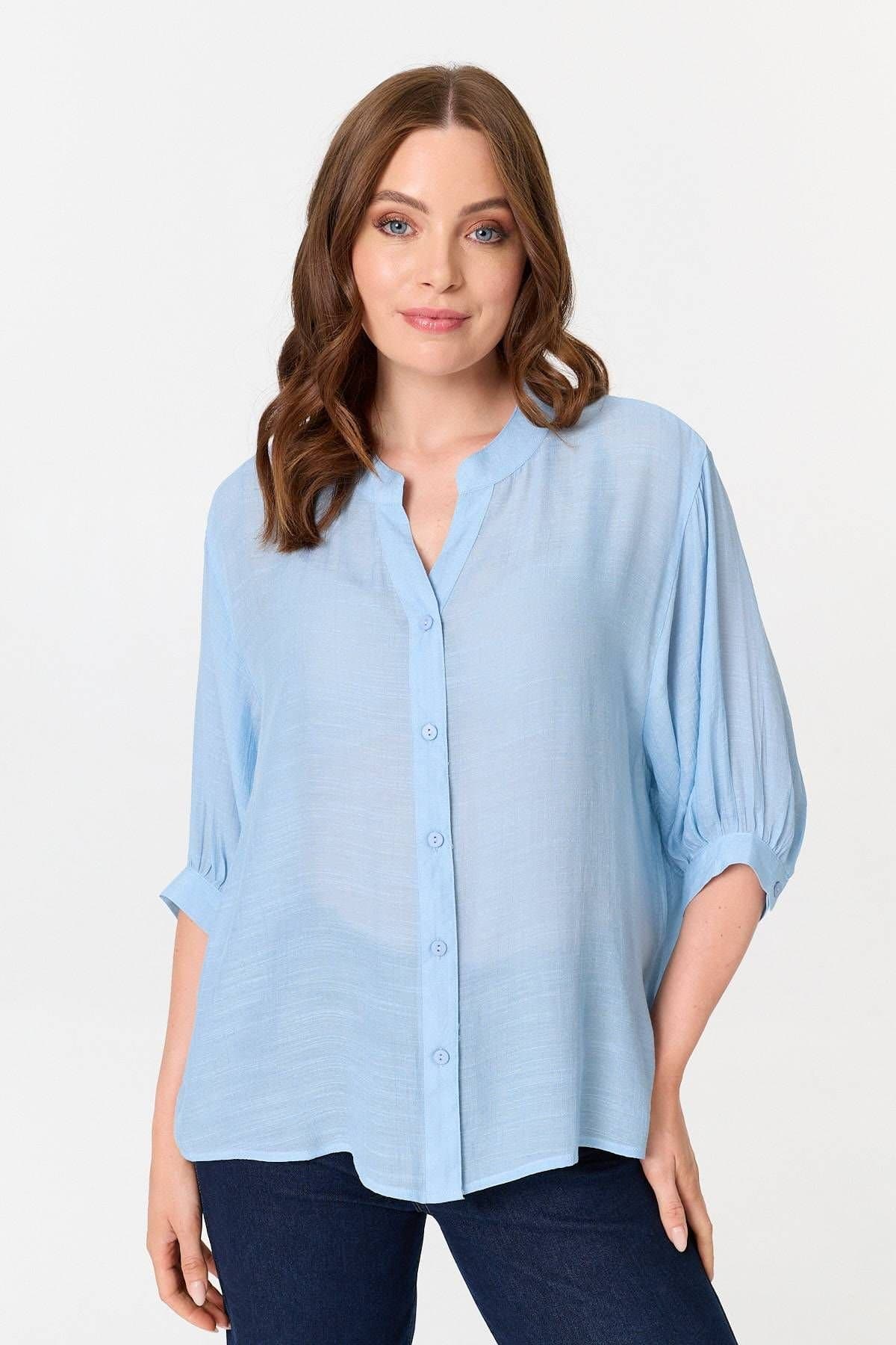 Izabel London Izabel London Women's Relaxed 3/4 Sleeve Collarless Shirt in Blue