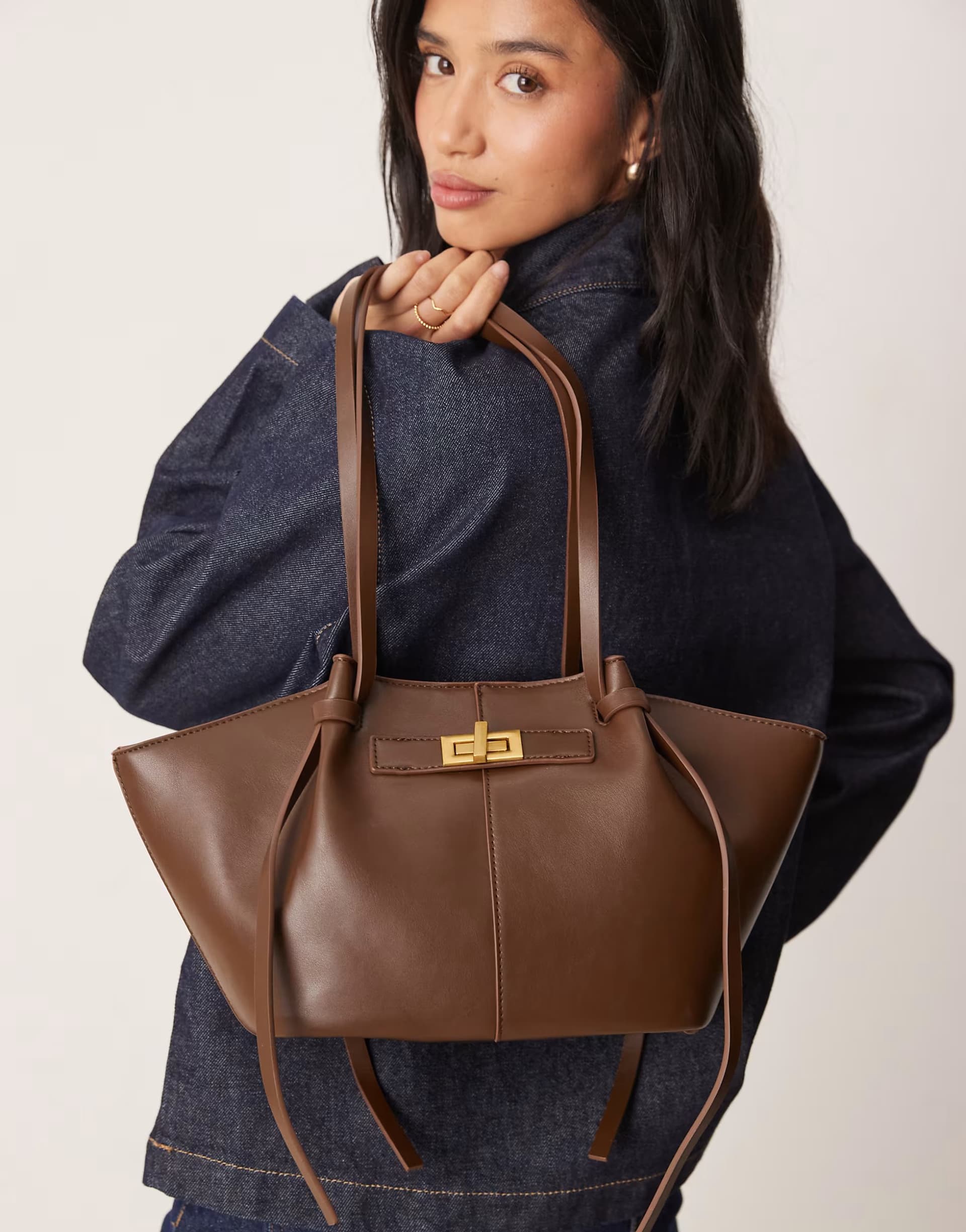 ASOS ASOS Dark Brown Faux Leather Tote Bag with Strap and Clutch