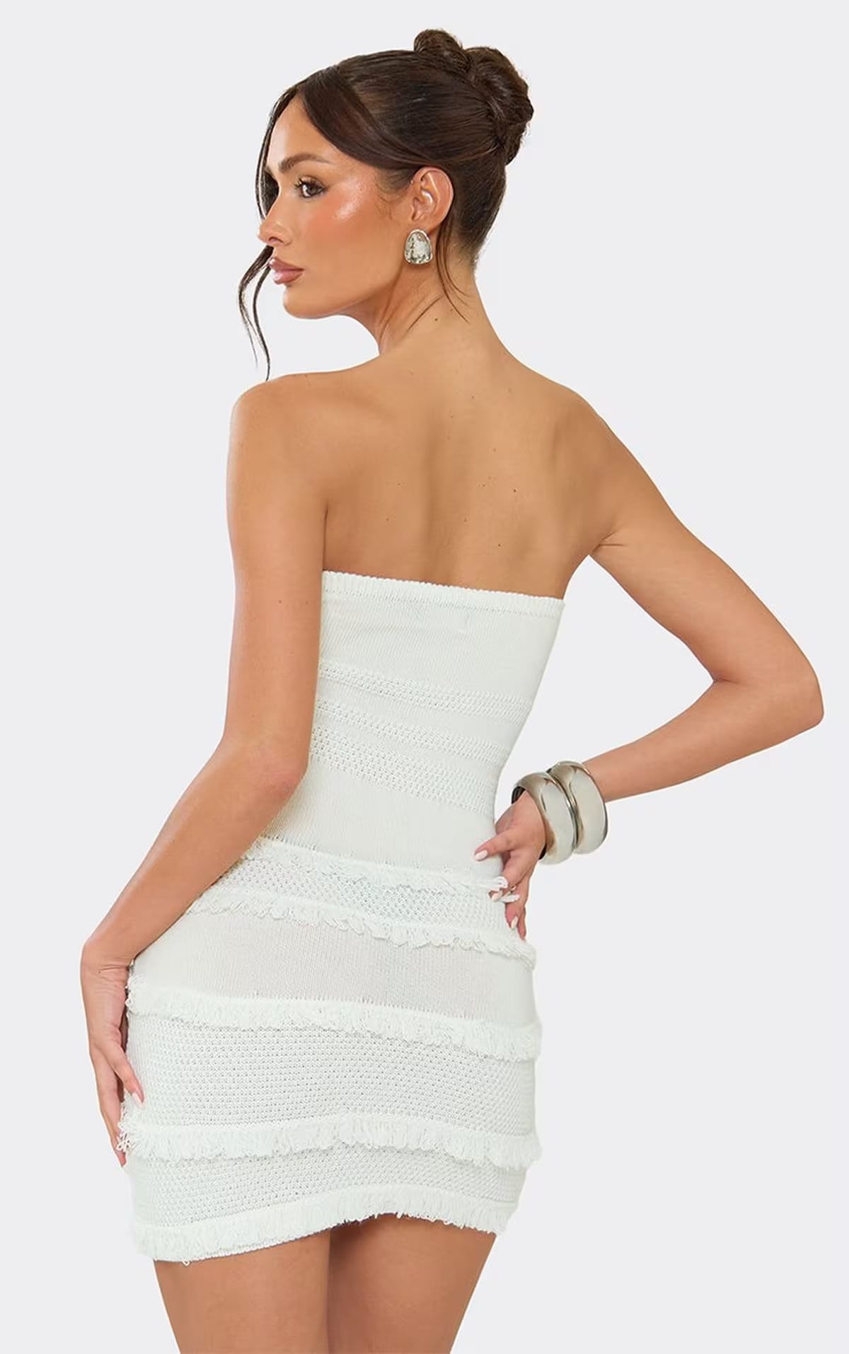 EGO Cream Knit Bandeau Mini Dress With Fringe Detail