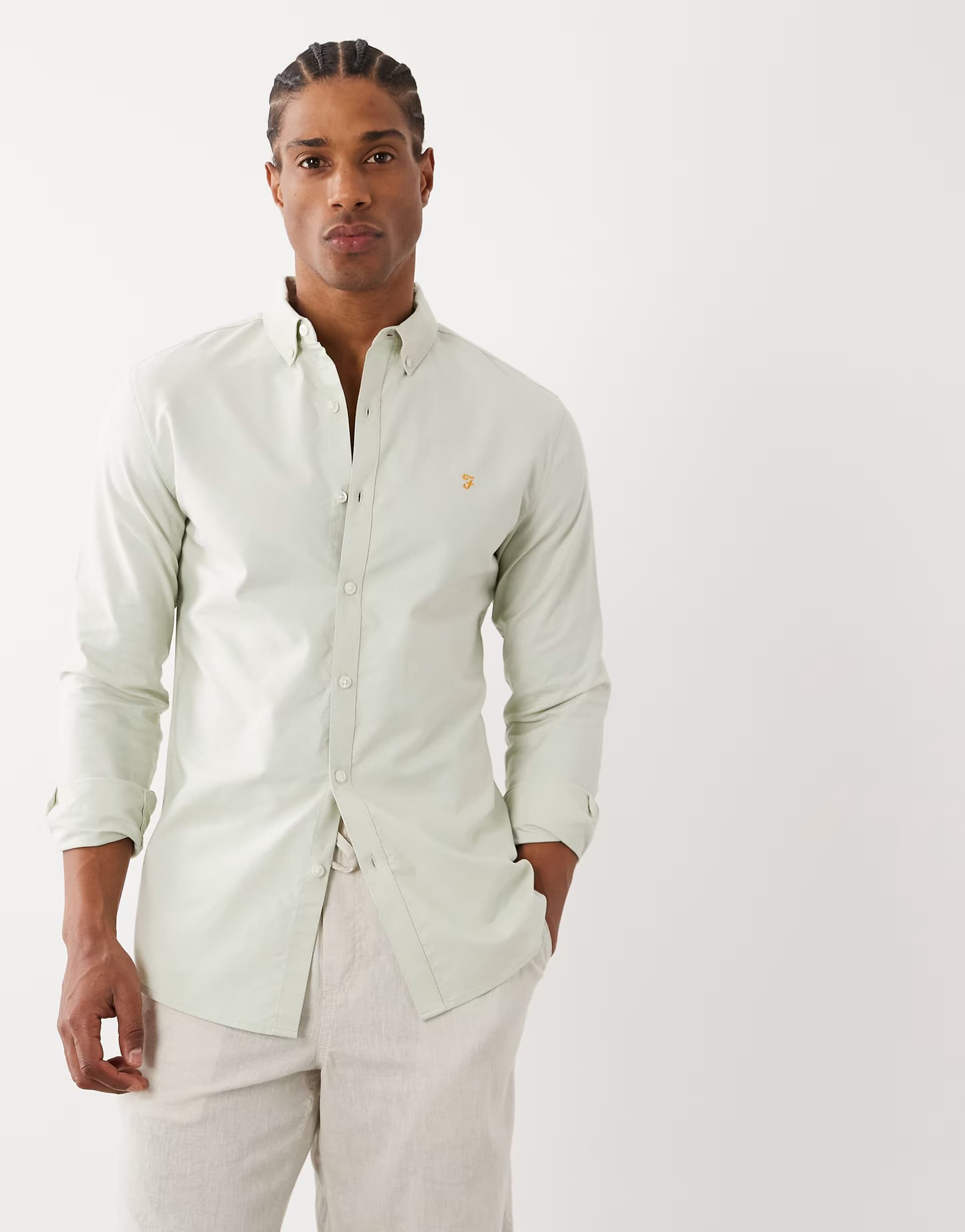 ASOS Farah Brewer long sleeve logo shirt in light green