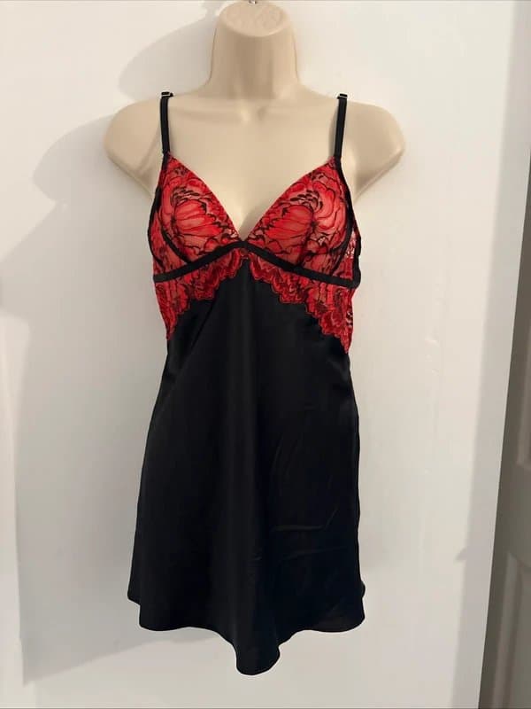Ann Summers Y2K AnnSummees Black Satin And Red Lace Babydoll Lingerie Dress - Size small