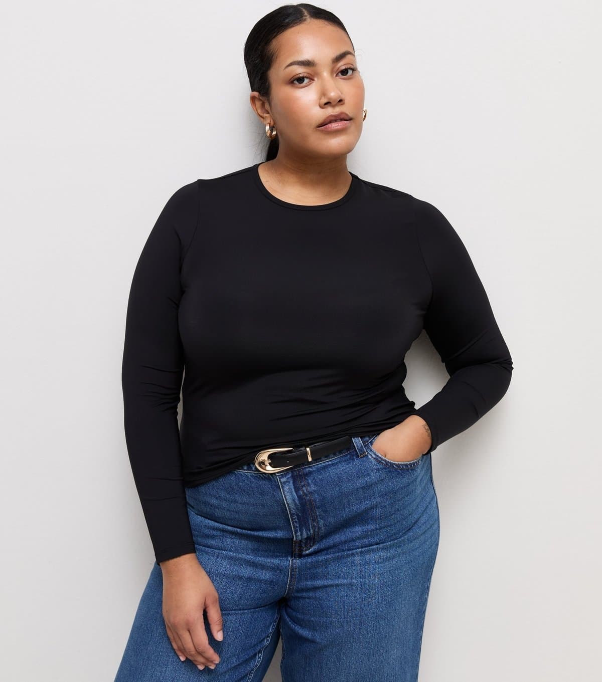 New Look Women's Plus Size Black Jersey Long Sleeve Crew Neck Top Curves New Look