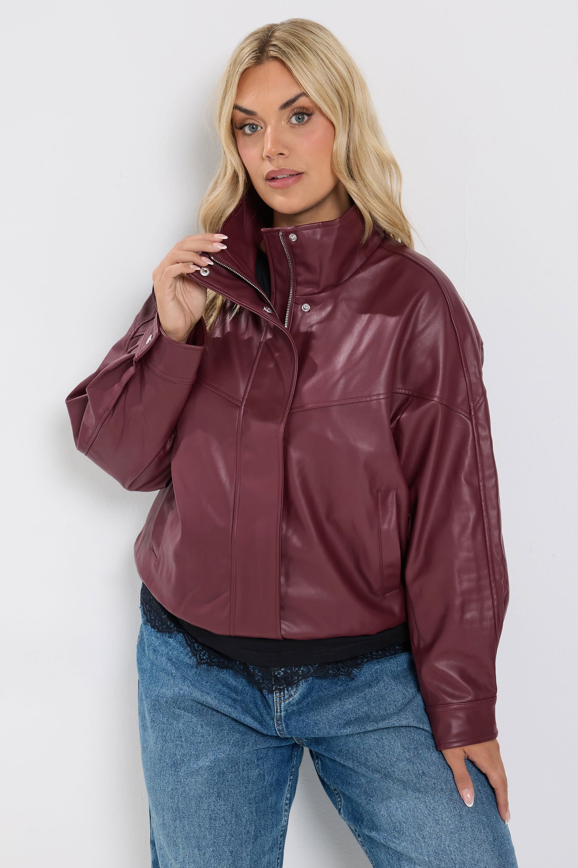 Yours Plus Size Red Faux Leather Funnel Neck Jacket