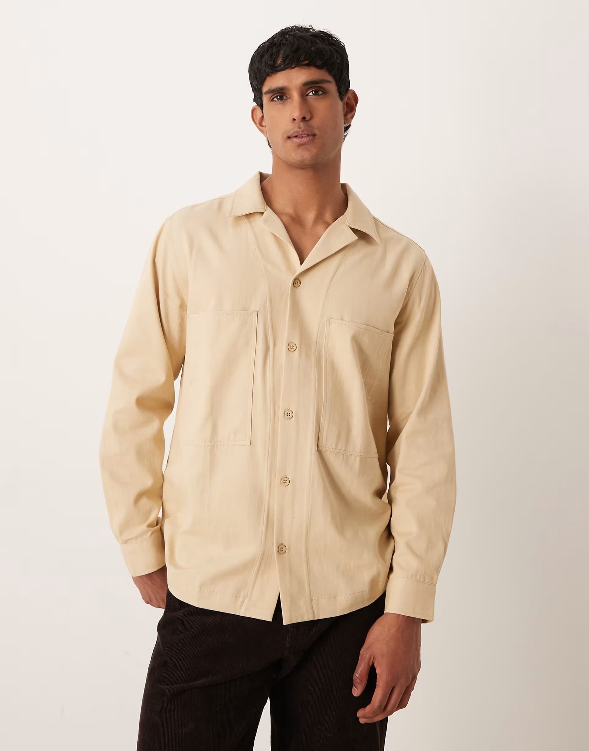 ASOS ASOS DESIGN twill overshirt with revere collar in stone