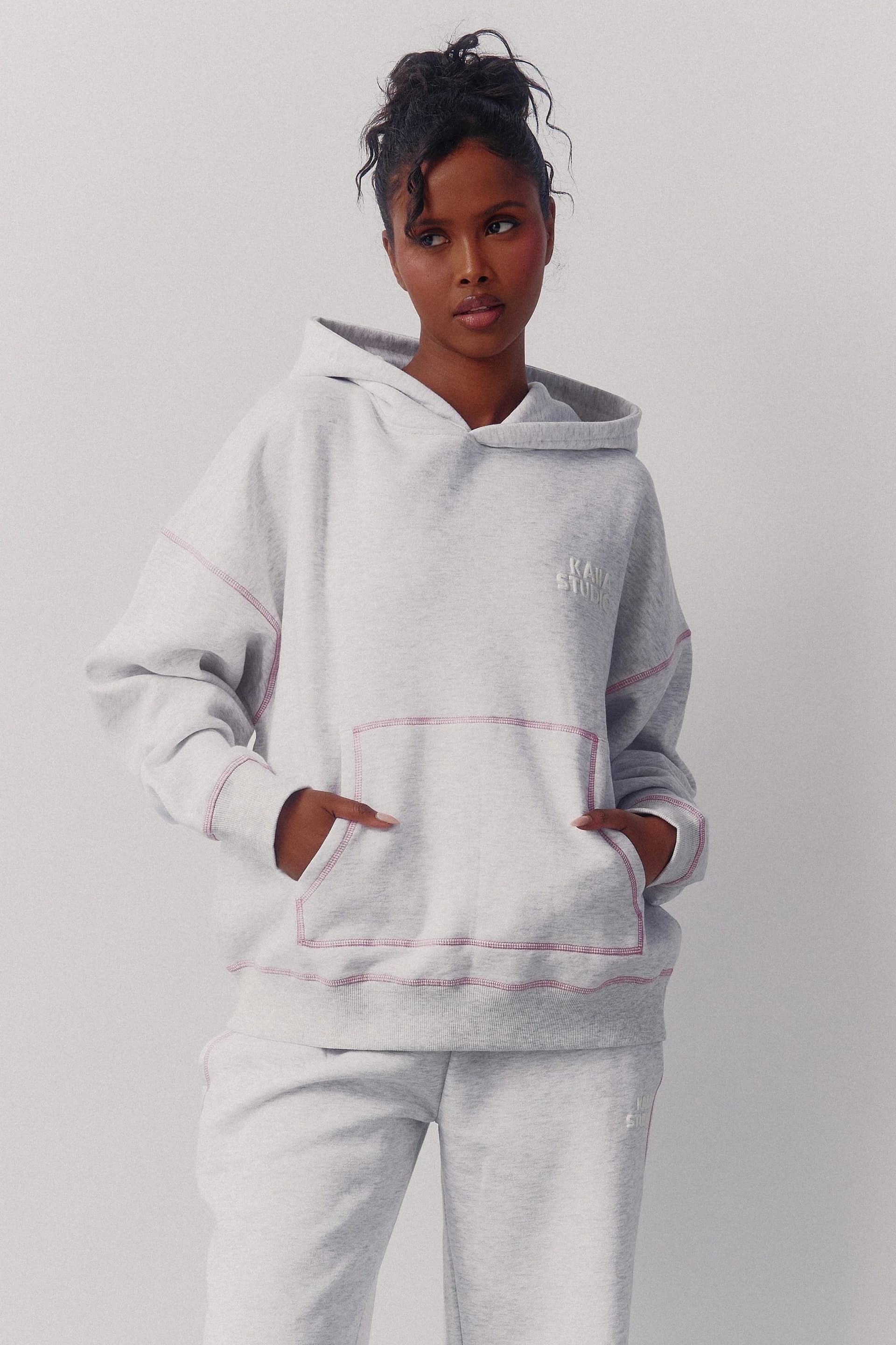Kaiia Kaiia Contrast Chainstitch Oversized Hoodie Light Grey Marl & Pink