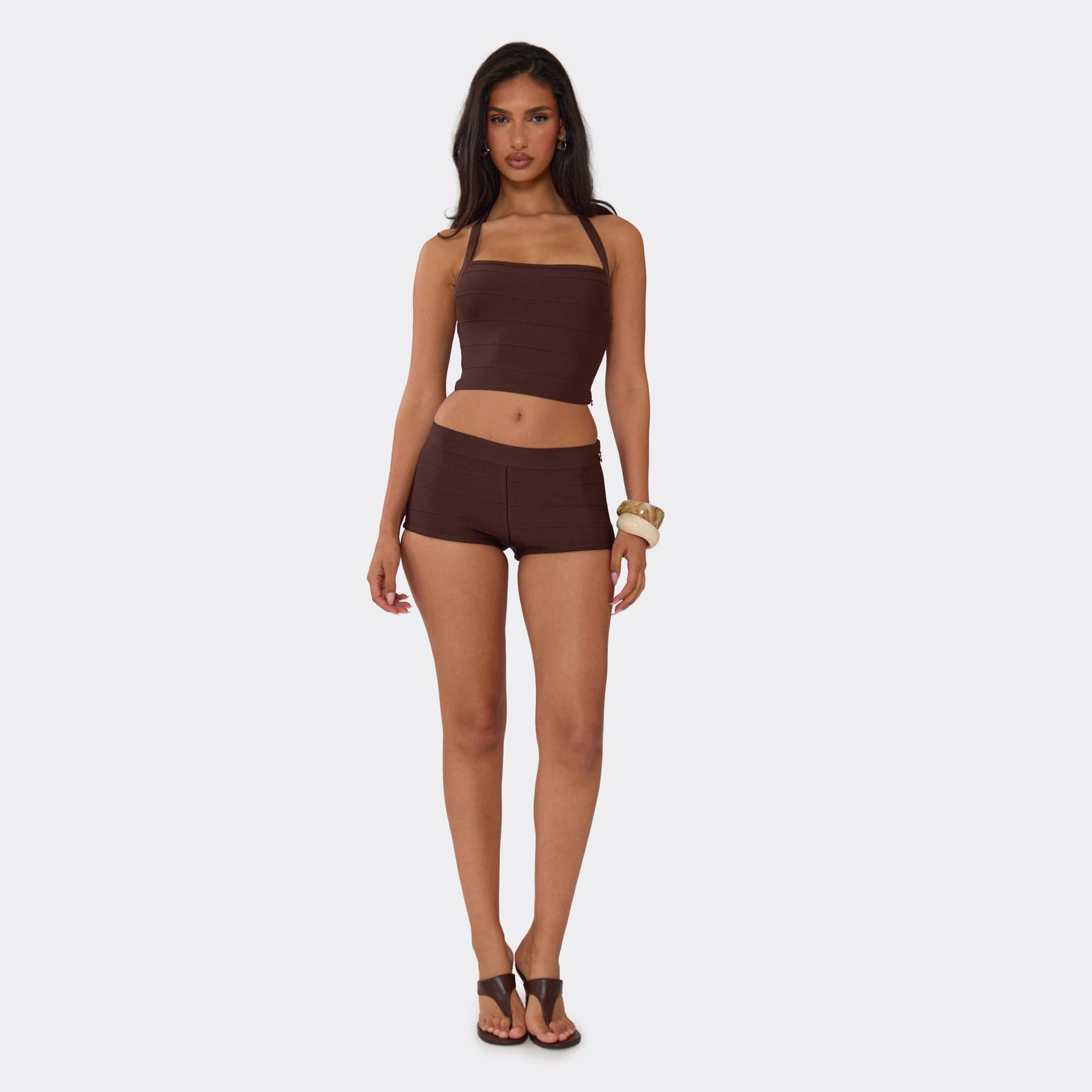 EGO Low Rise Mini Shorts In Chocolate Brown Bandage, Women's Size UK 8