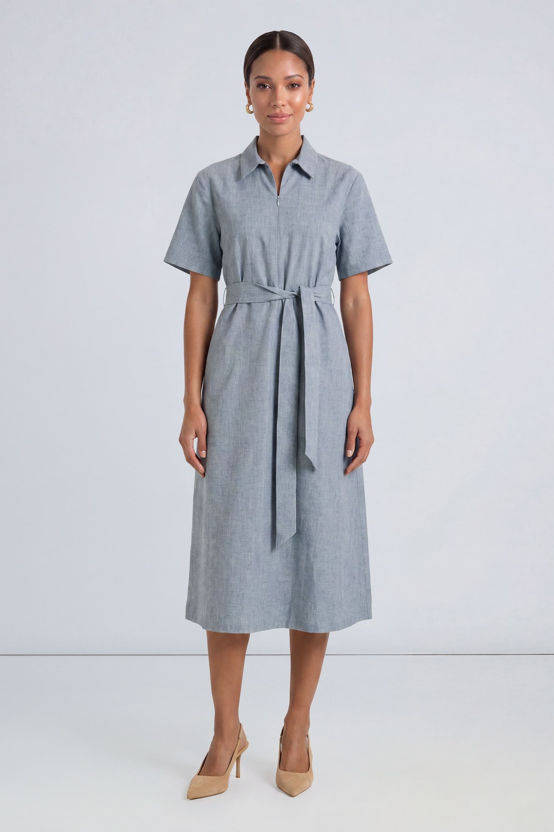 Principles Principles Women's Textured Woven Zip Front Midi Dress in Grey