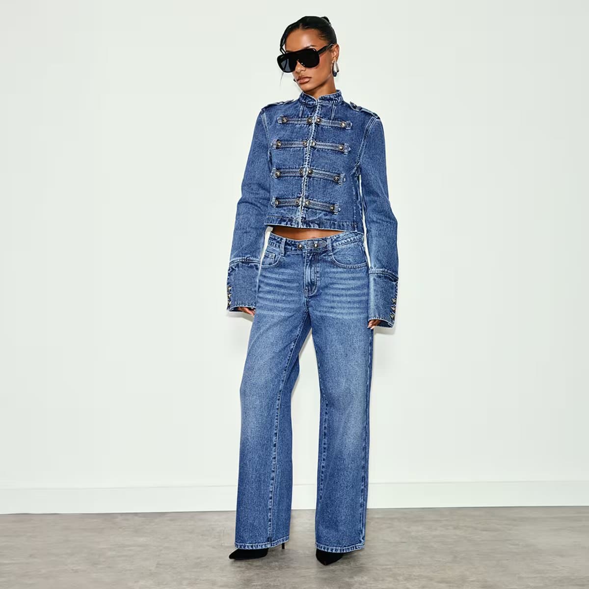 EGO Mid Rise Military Style Straight Leg Jeans In Mid Blue Denim, Women's Size UK 6