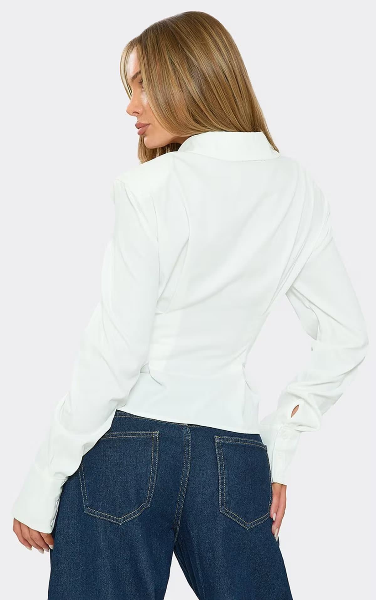 EGO Long Sleeve Shoulder Padded Detail Ruched Corset Waist Shirt In White, Women's Size UK 6