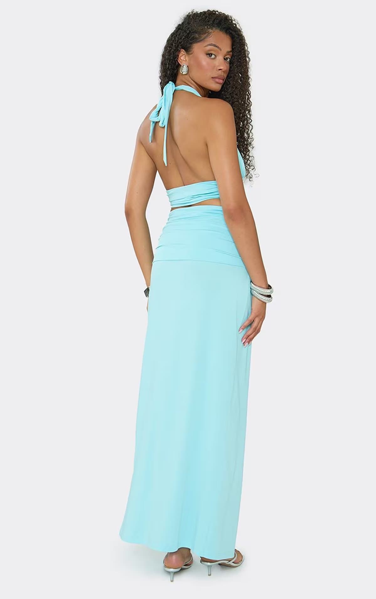EGO Ruched Trim Detail Side Split Maxi Skirt In Aqua Blue., Women's Size UK 6
