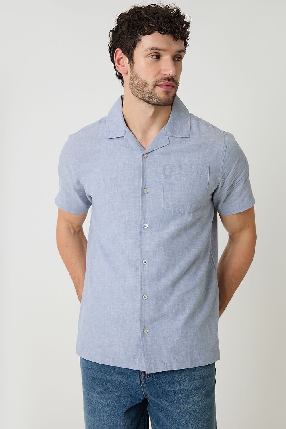 Threadbare Threadbare Men's Linen Cotton Blend Short Sleeve Shirt in Blue