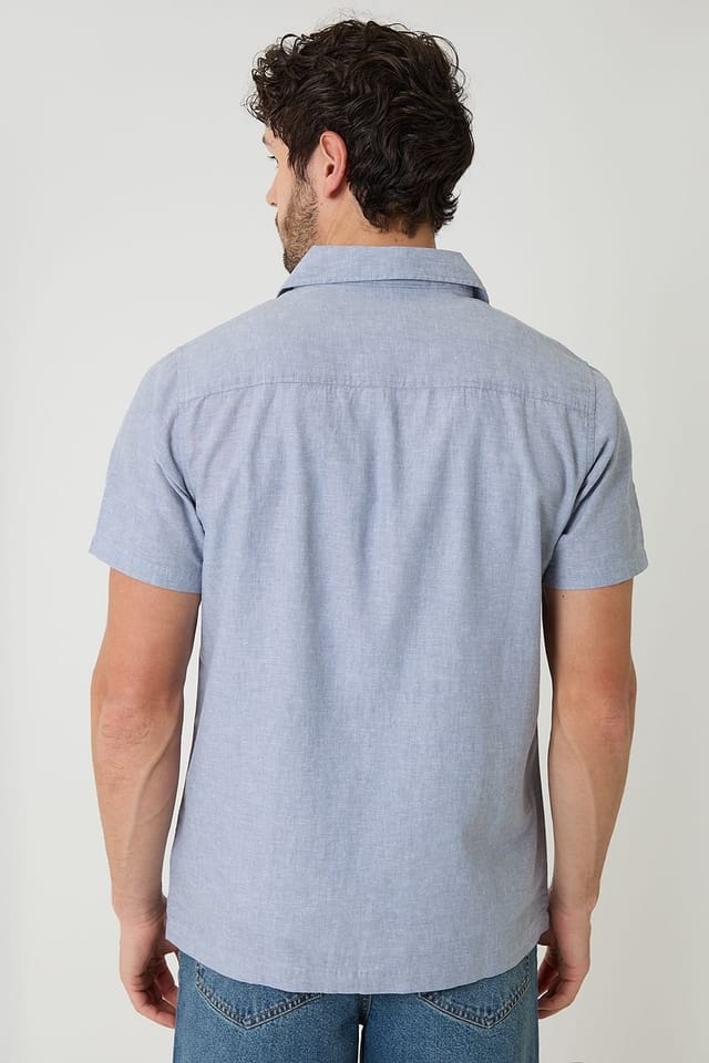 Threadbare Threadbare Men's Linen Cotton Blend Short Sleeve Shirt in Blue - 2