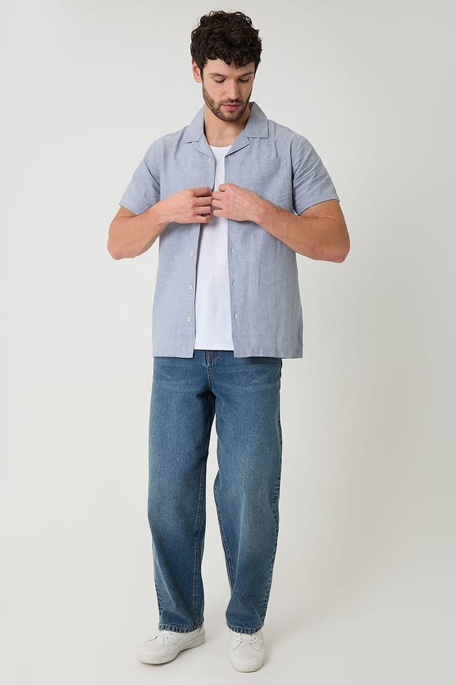 Threadbare Threadbare Men's Linen Cotton Blend Short Sleeve Shirt in Blue - 3