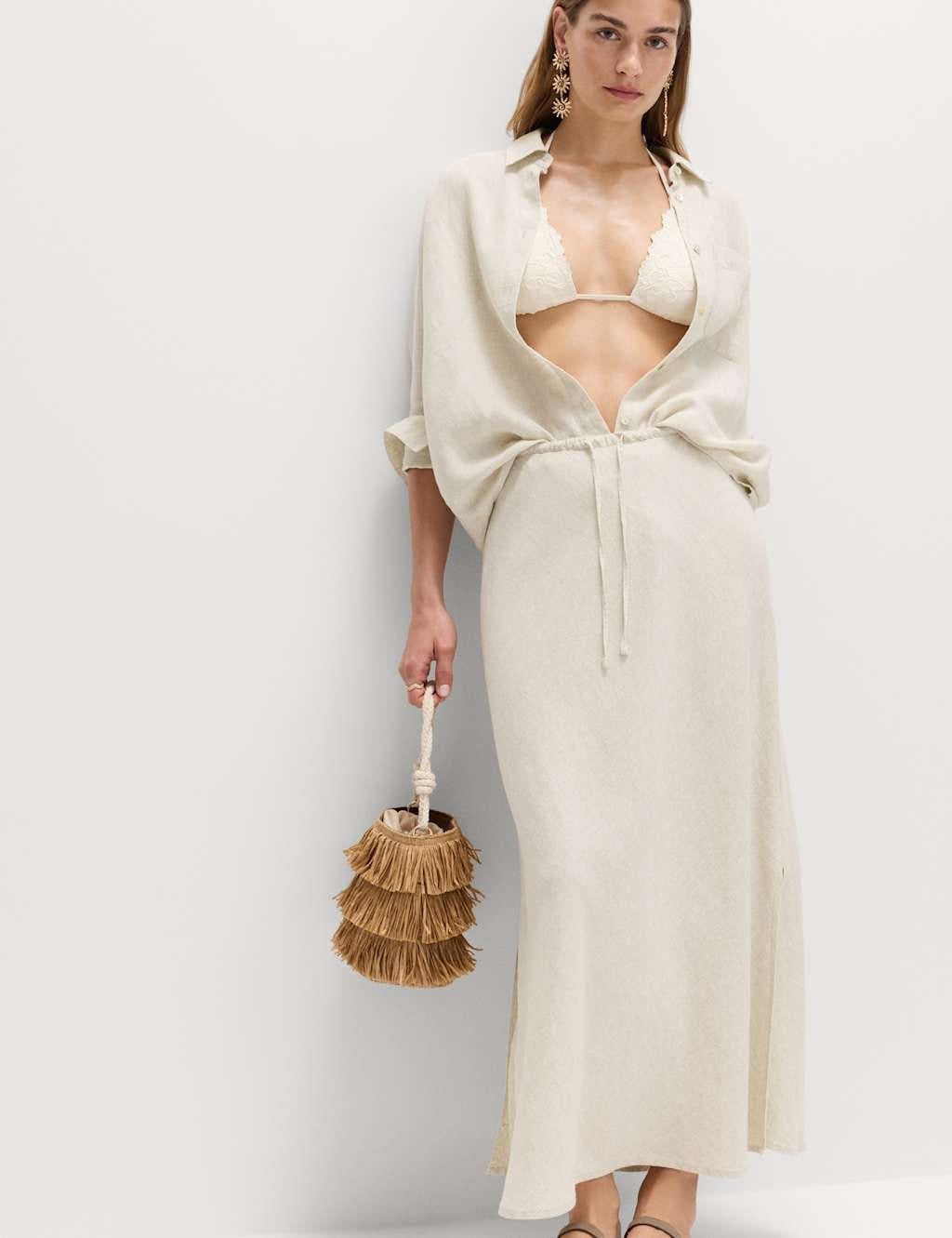 M&S Linen Rich Maxi A-Line Skirt Oatmeal