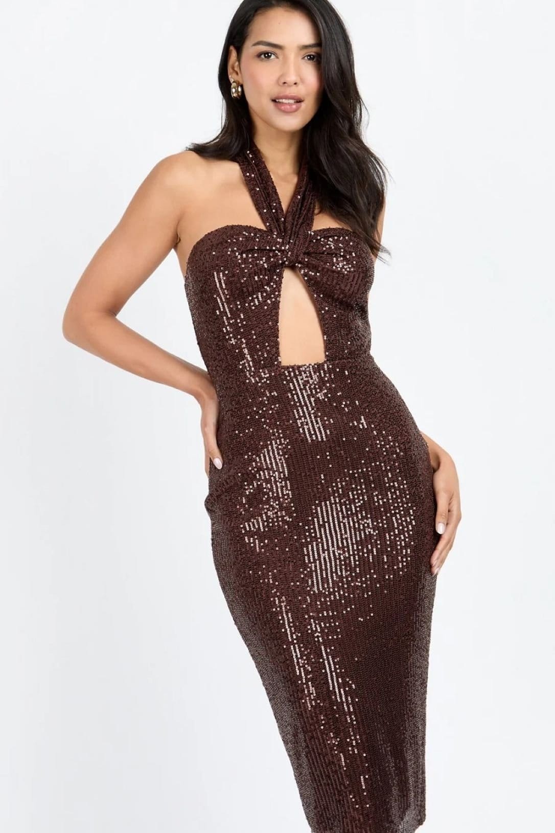 Little Mistress Little Mistress Women's Chocolate Brown Sequin Cut-Out Midi Dress - 4