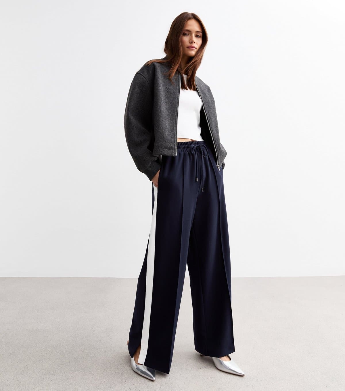 New Look Women's Navy Stripe Trimmed Tailored Wide Leg Joggers New Look