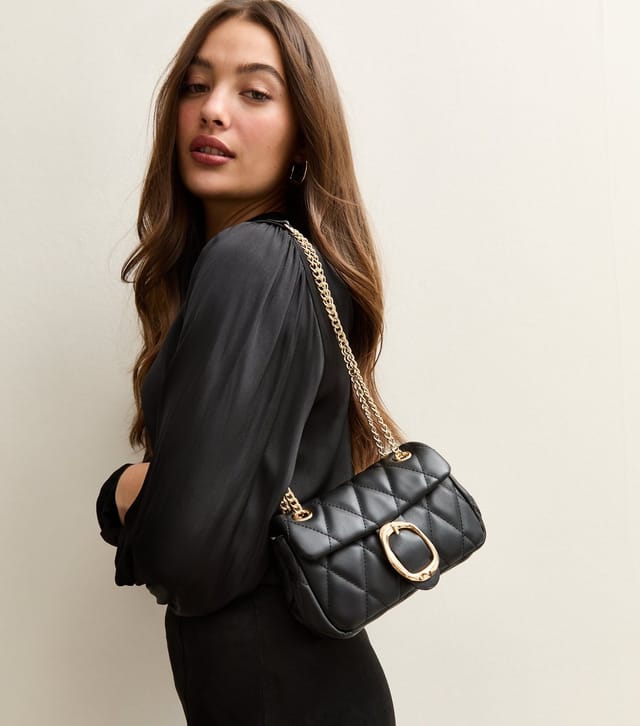 New Look Black Quilted Faux Leather Chain Strap Bag Vegan New Look - 2