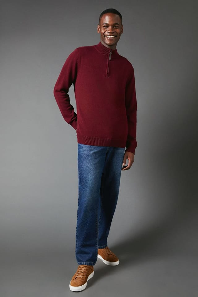 Maine Maine Men's Premium Pure Cotton Half Zip Funnel Jumper in Burgundy - 2