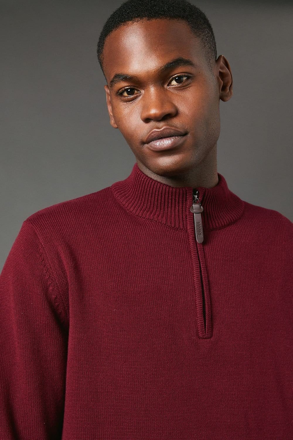 Maine Maine Men's Premium Pure Cotton Half Zip Funnel Jumper in Burgundy - 4