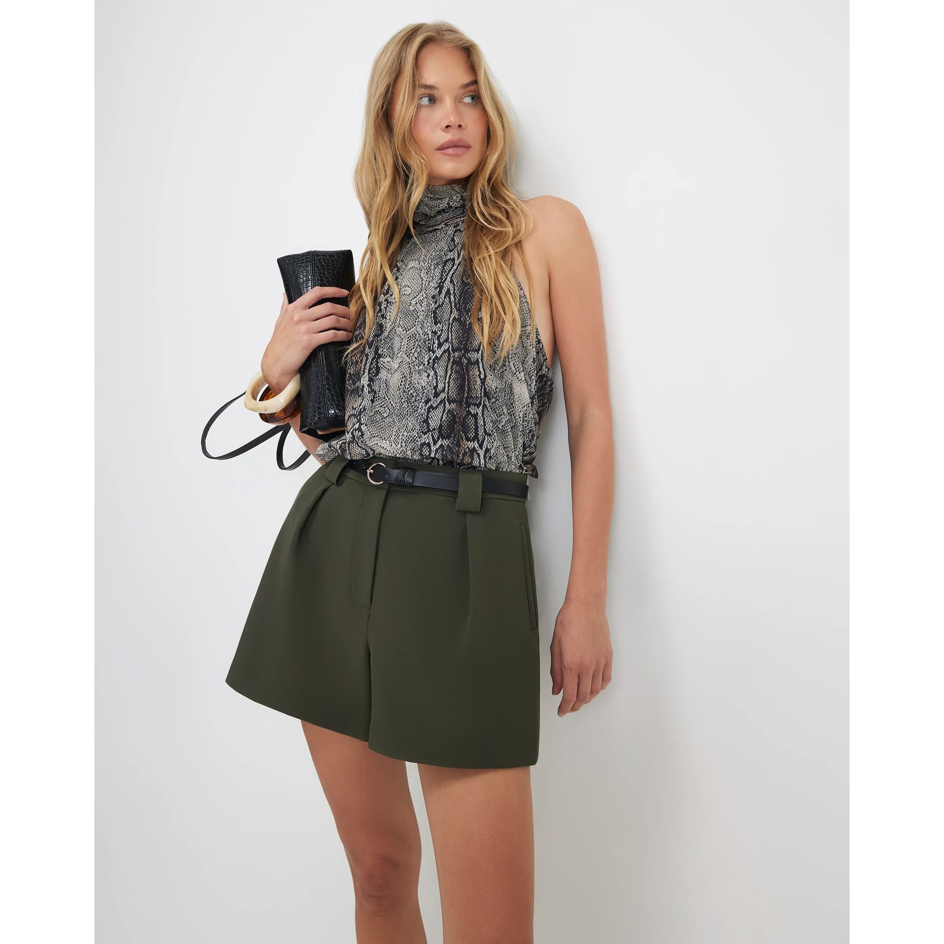 River Island River Island Womens Khaki Belted Tailored Shorts