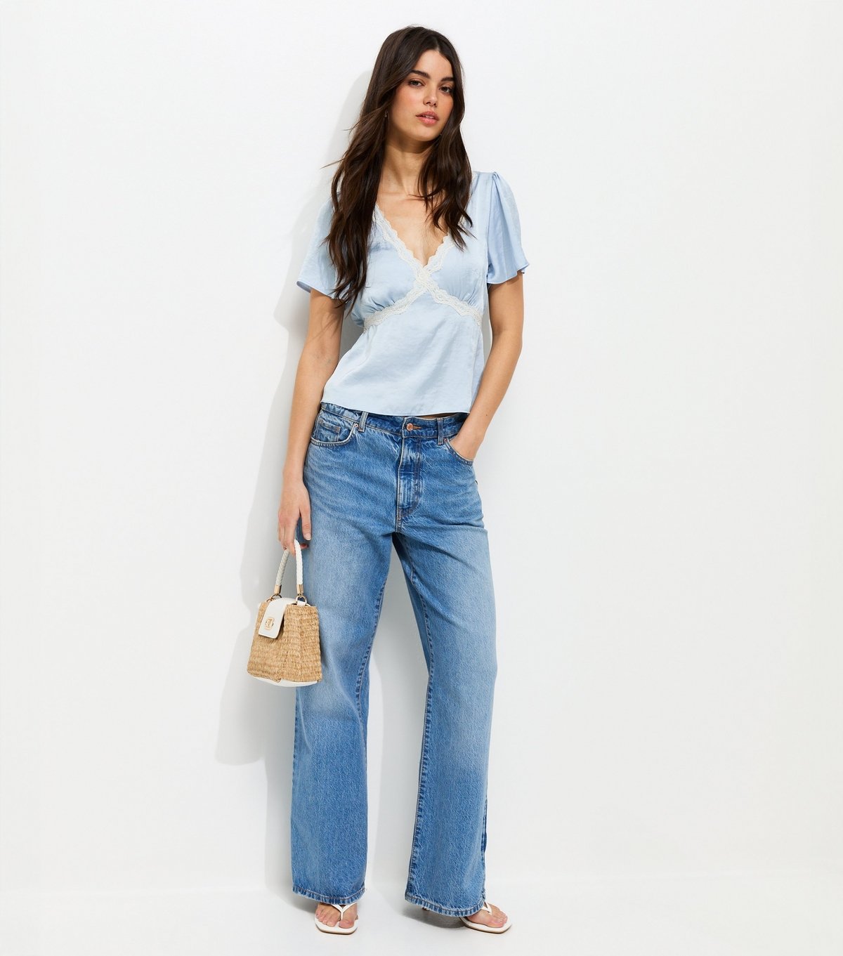 New Look Women's Light Blue Lace Trim Flutter Sleeve Satin Tea Top New Look - 3