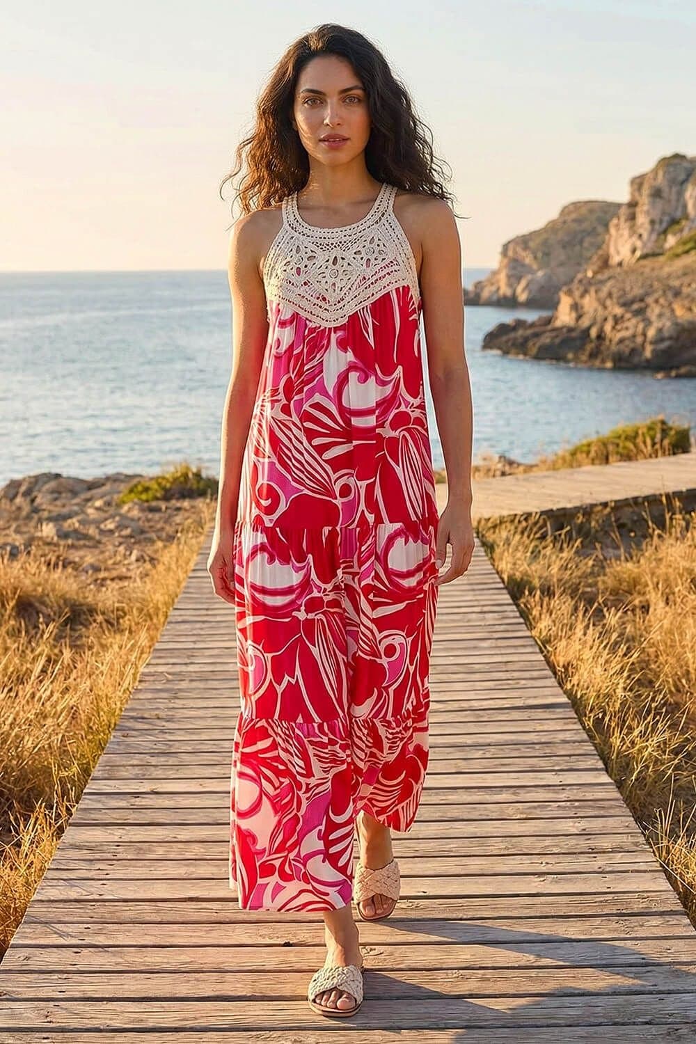 Dusk Dusk Women's Abstract Crochet Maxi Dress in Red