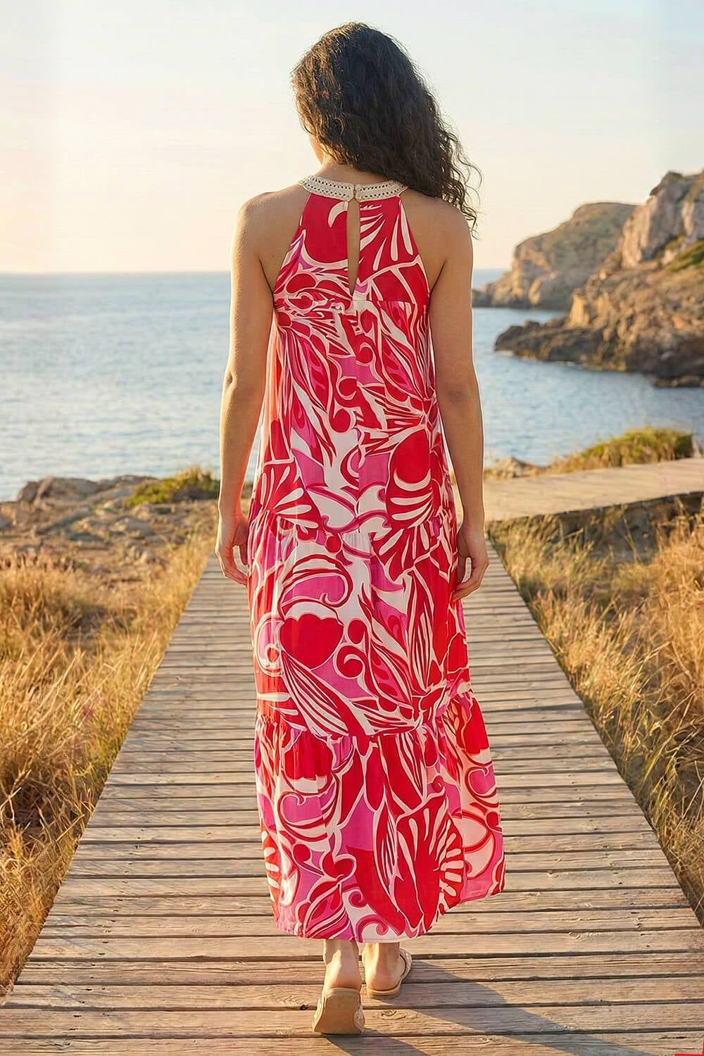 Dusk Dusk Women's Abstract Crochet Maxi Dress in Red - 2