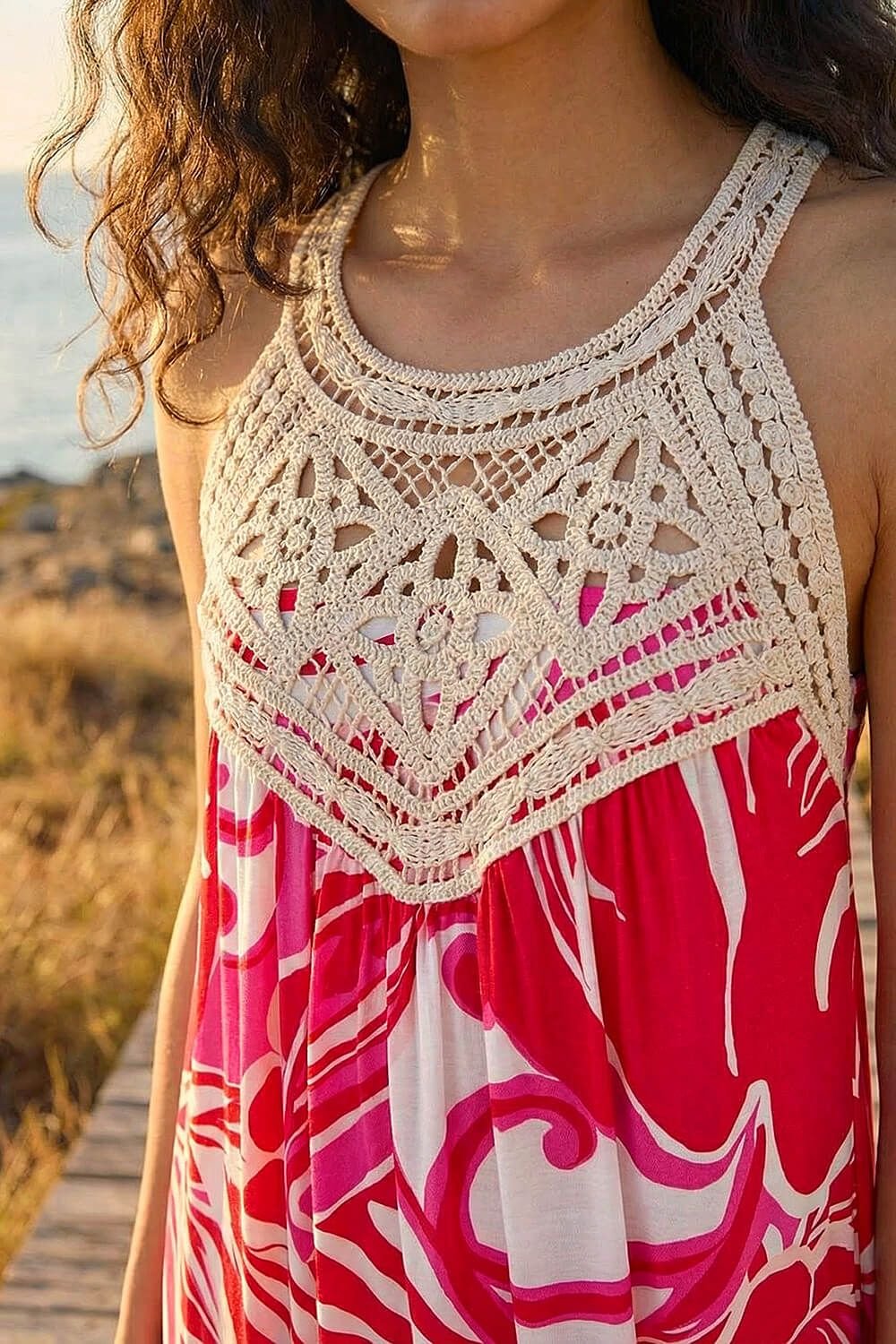 Dusk Dusk Women's Abstract Crochet Maxi Dress in Red - 4