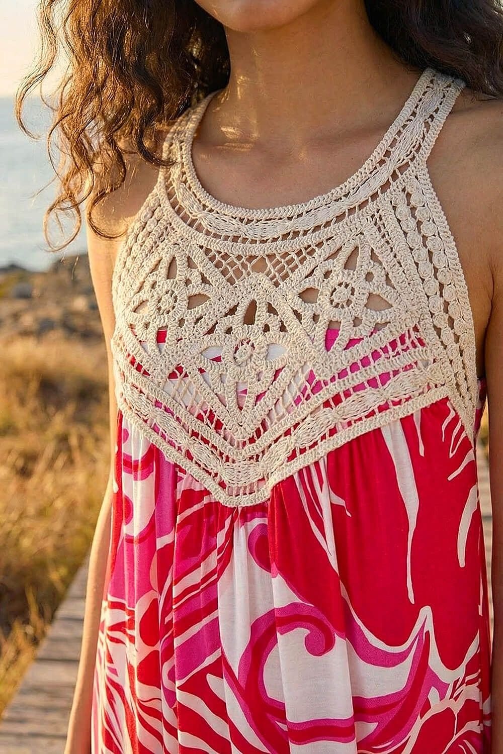 Dusk Dusk Women's Abstract Crochet Maxi Dress in Red - 4