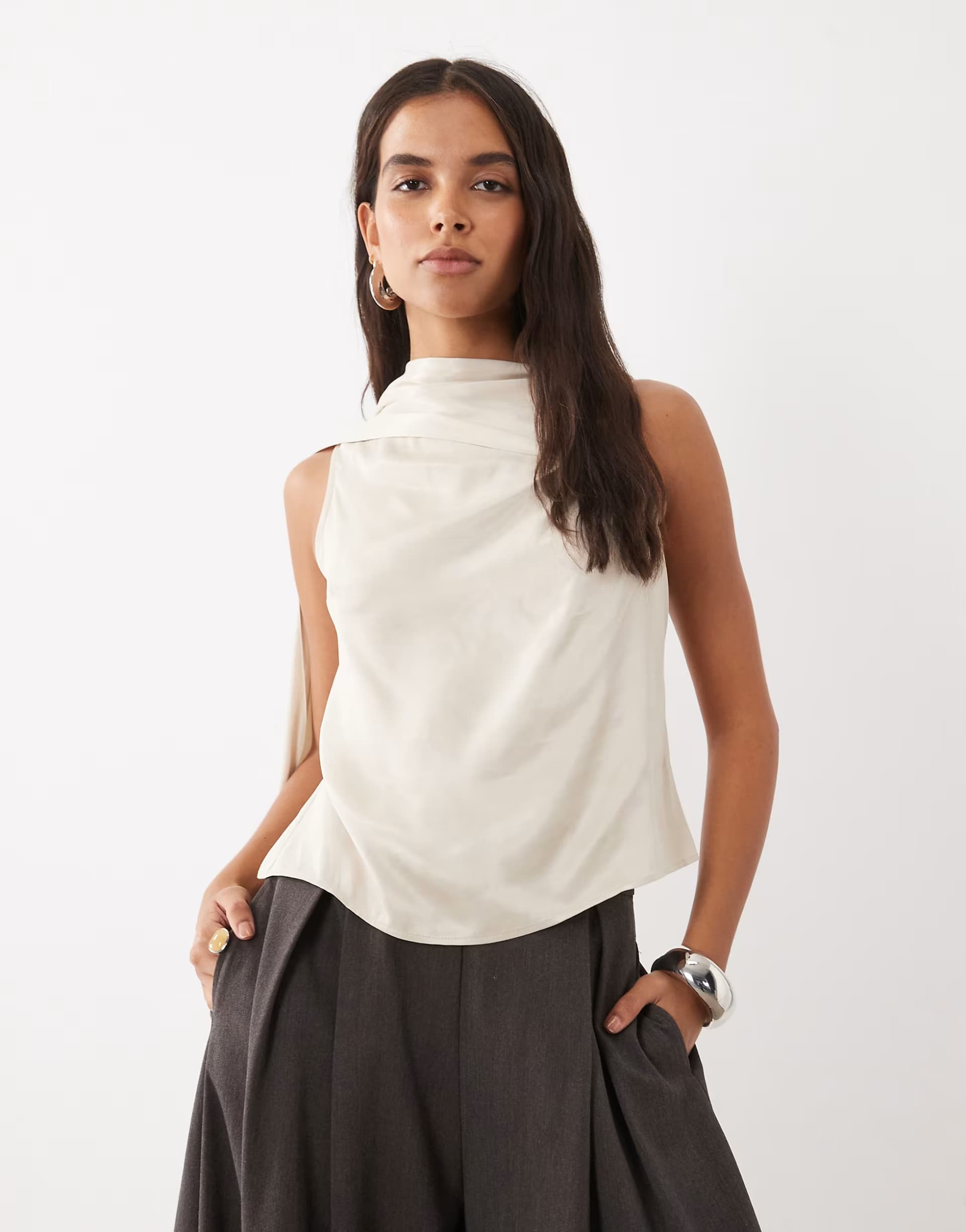 ASOS ASOS DESIGN satin draped scarf detail top in stone