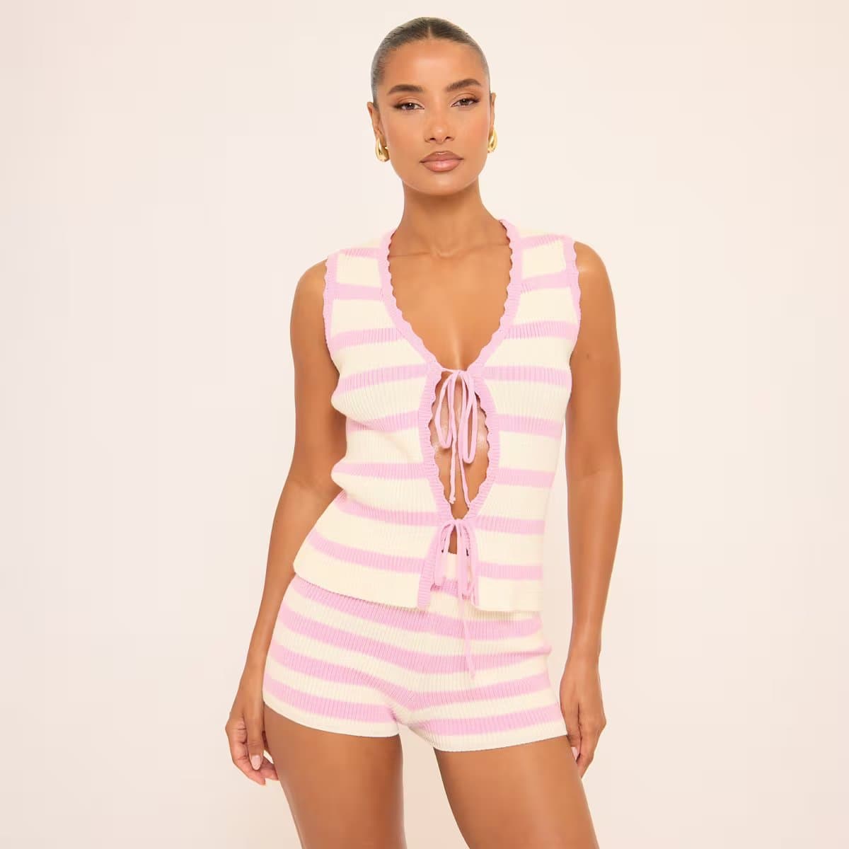 EGO Sleeveless Tie Front Top In Pink And White Stripe Knit, Women's Size UK M