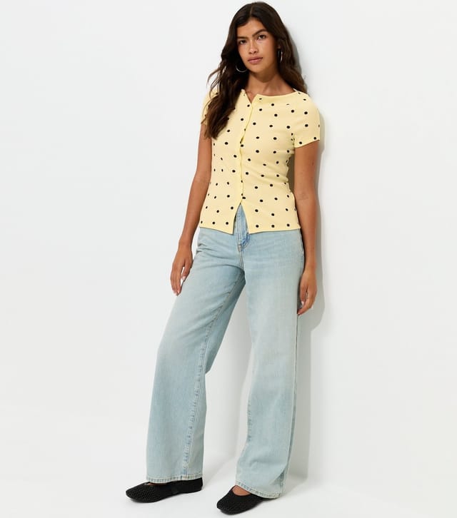 New Look Women's Yellow Cotton Rich Spot Print Button Through Baby Tee T-Shirt New Look - 3