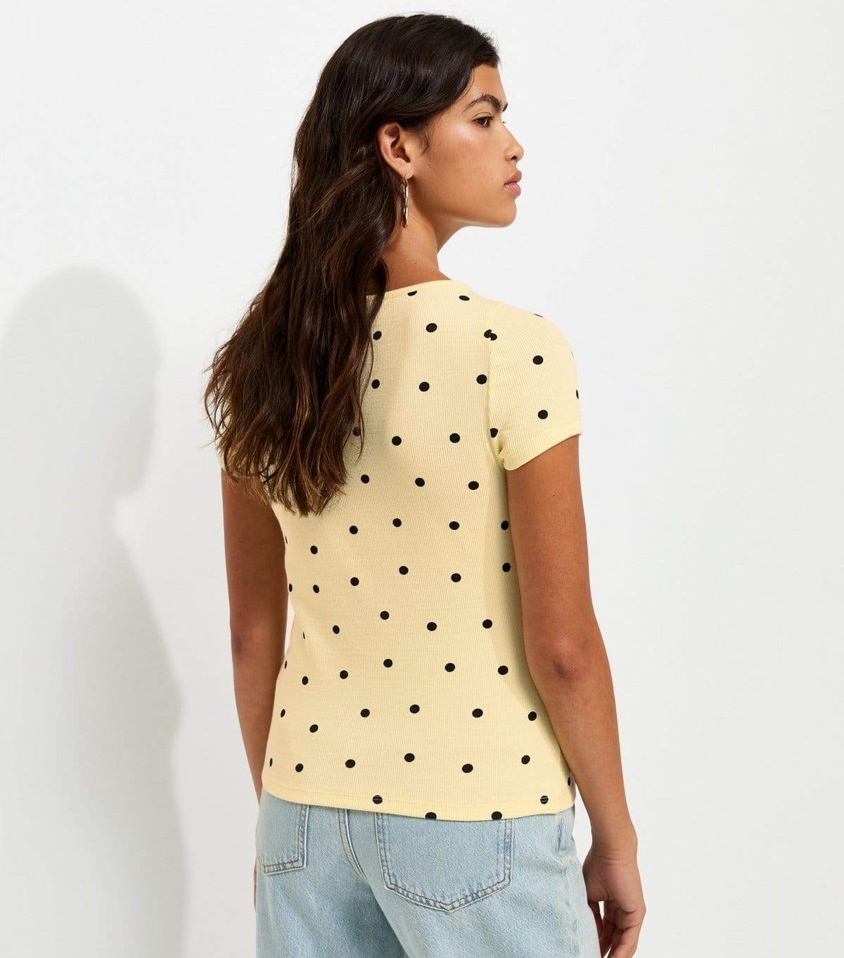 New Look Women's Yellow Cotton Rich Spot Print Button Through Baby Tee T-Shirt New Look - 4