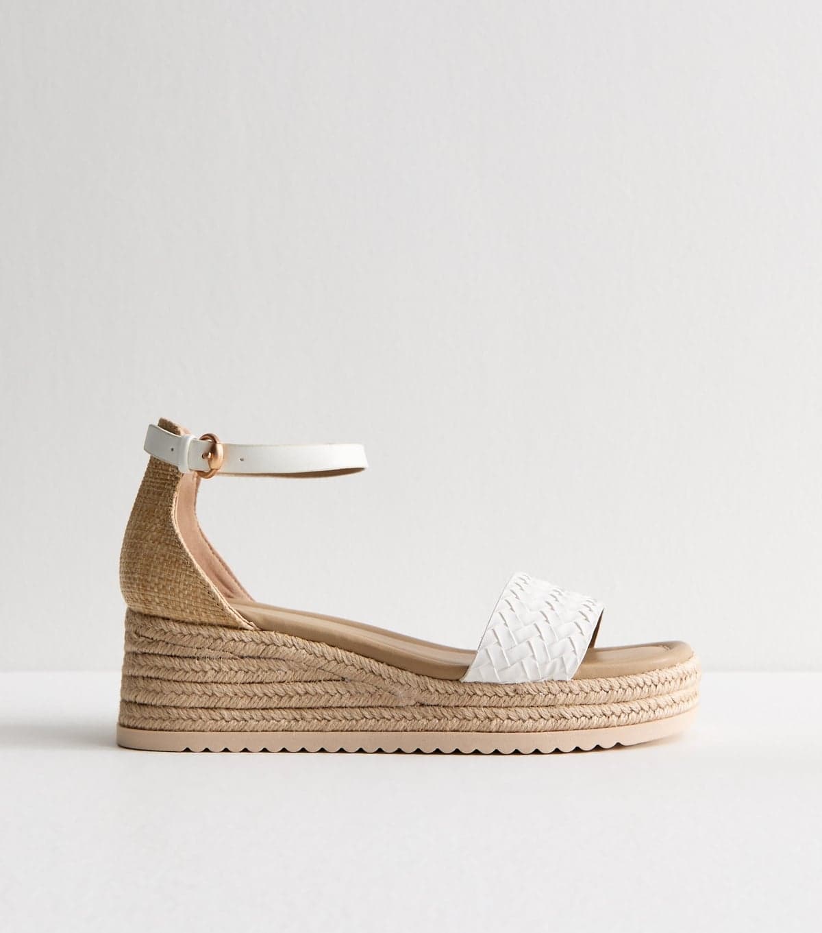 New Look Women's Wide Fit White Faux Leather Woven Strap Flatform Wedge Sandals Vegan New Look