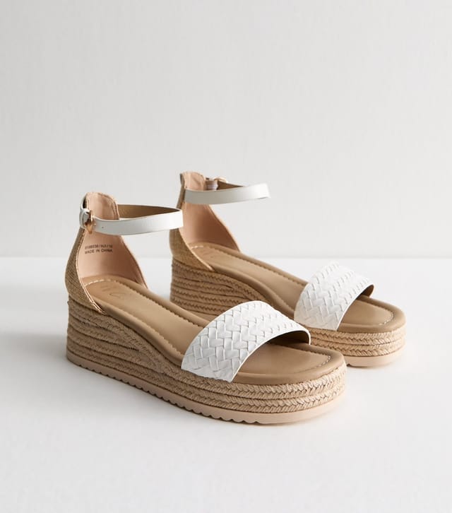 New Look Women's Wide Fit White Faux Leather Woven Strap Flatform Wedge Sandals Vegan New Look - 3