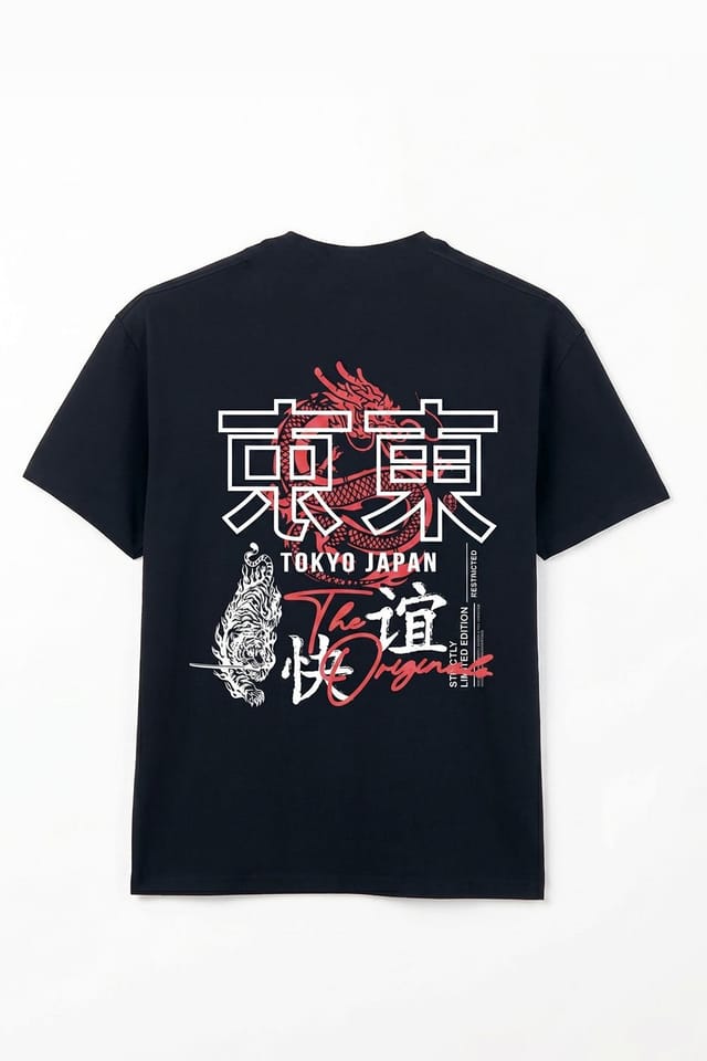 LONDON ATTITUDE LONDON ATTITUDE Men's Tokyo Dragon Oversized Heavyweight Cotton T-Shirt in Black - 2