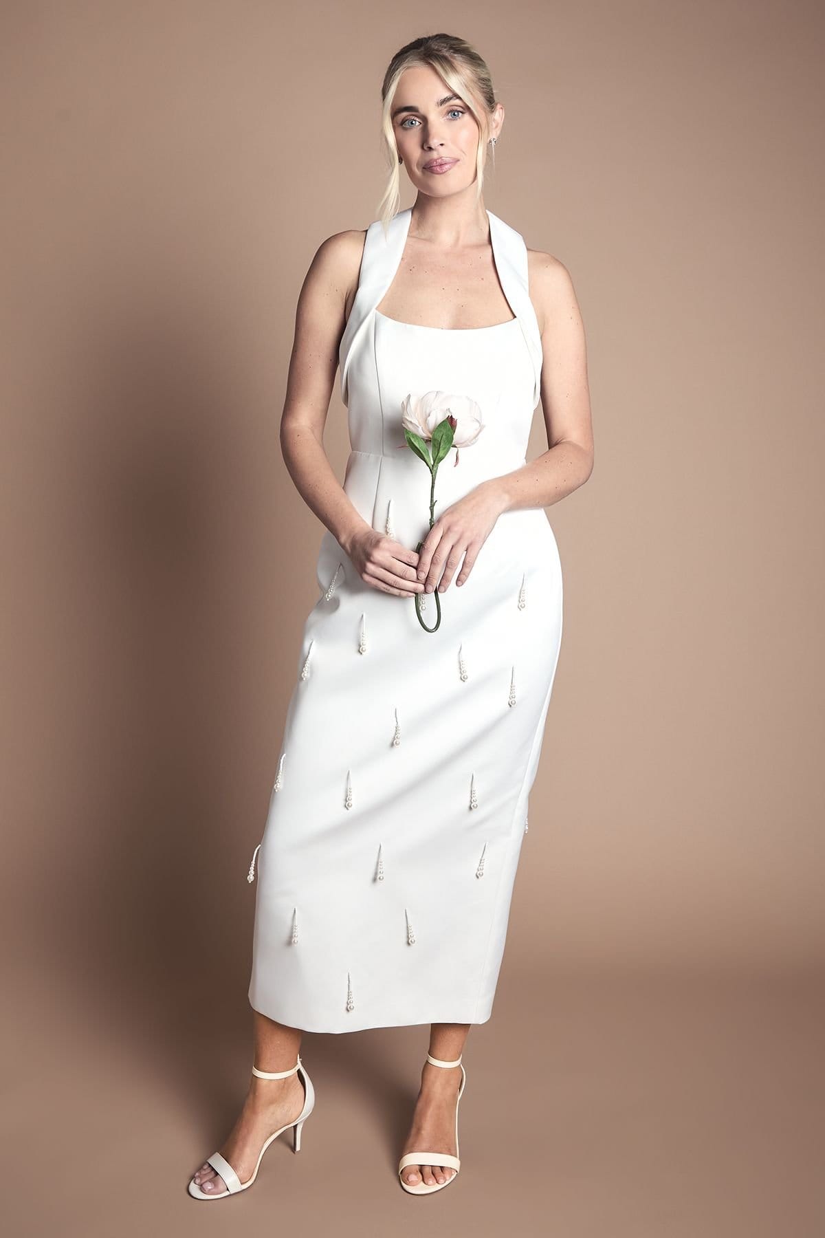 Coast White Satin Halter Midi Wedding Dress With Pearl