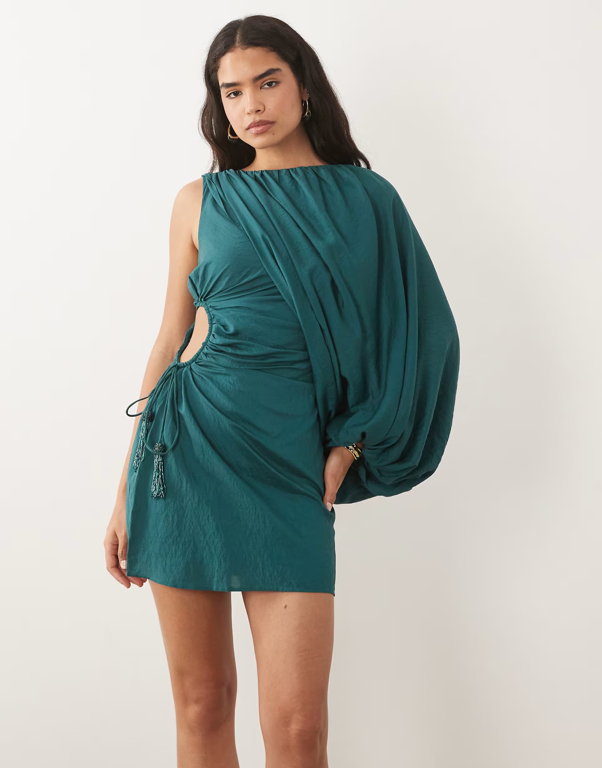 ASOS ASOS DESIGN one shoulder blouson mini dress with cut out waist in teal