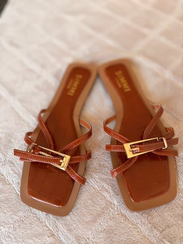 Simmi London SIMMI Brown Strappy Sandals Croc Effect Gold Detail