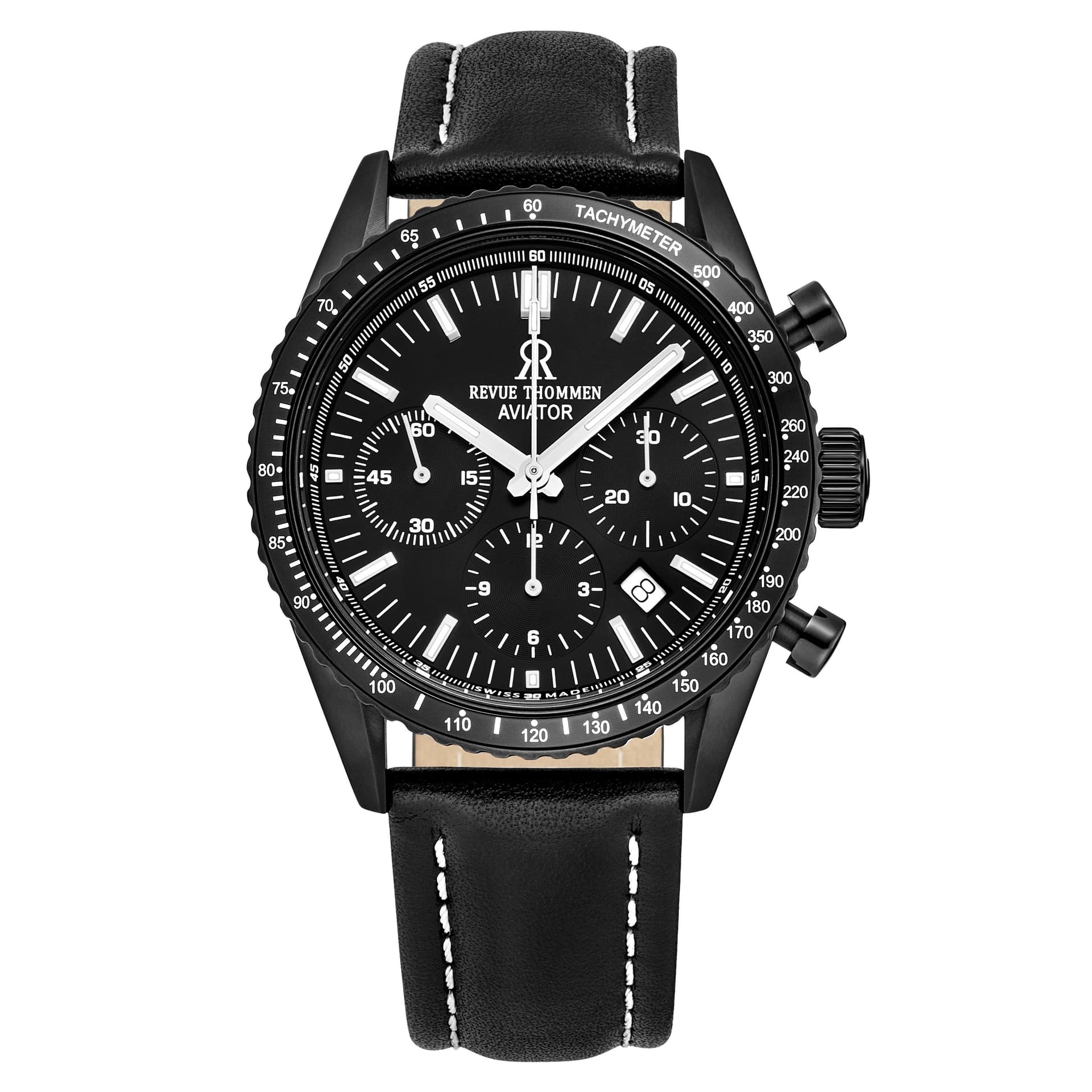 Revue Thommen Revue Thommen Men's Aviator Automatic Leather, 42mm Black Pvd Steel Case