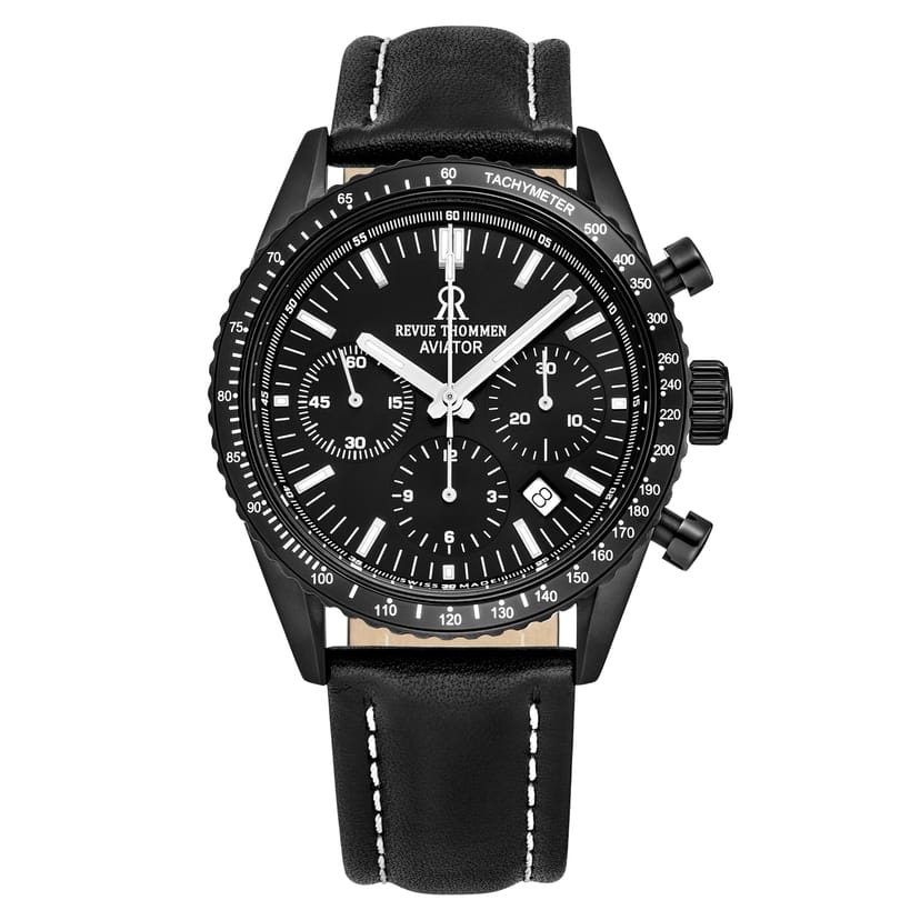 Revue Thommen Revue Thommen Men's Aviator Automatic Leather, 42mm Black Pvd Steel Case - 1