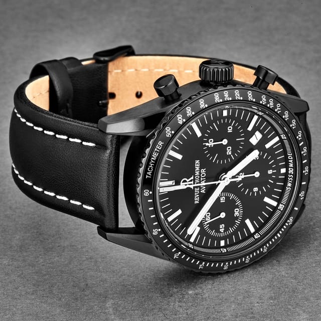 Revue Thommen Revue Thommen Men's Aviator Automatic Leather, 42mm Black Pvd Steel Case - 2