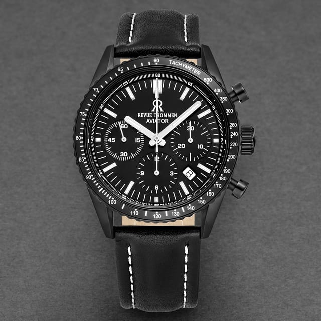 Revue Thommen Revue Thommen Men's Aviator Automatic Leather, 42mm Black Pvd Steel Case - 3