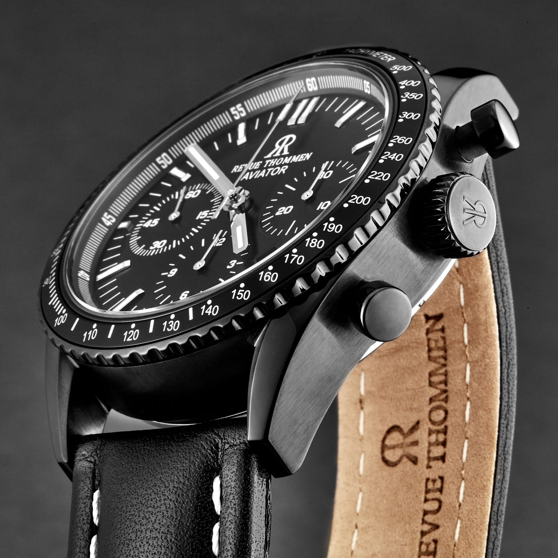 Revue Thommen Revue Thommen Men's Aviator Automatic Leather, 42mm Black Pvd Steel Case - 4