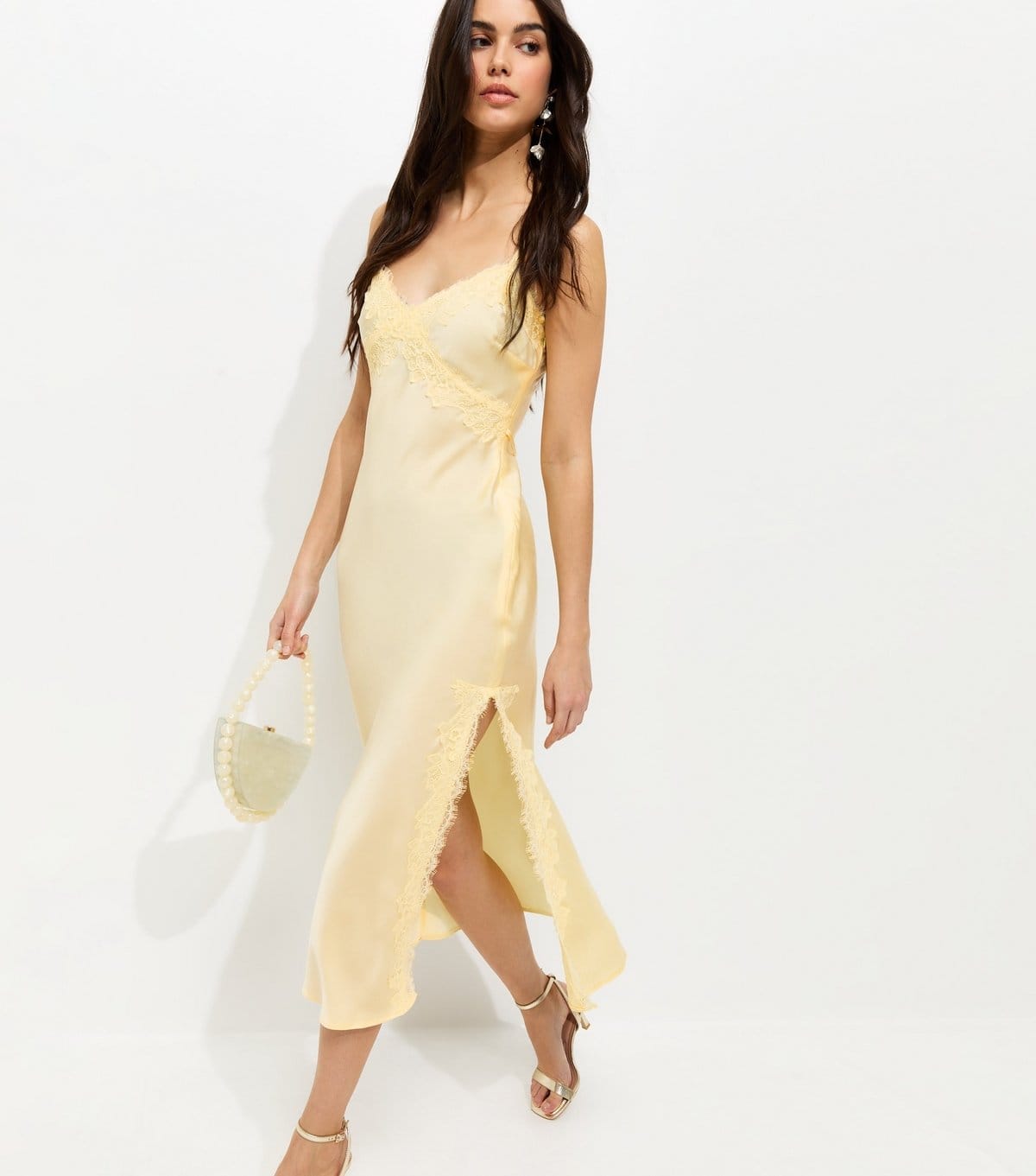 New Look Women's Light Yellow Lace Trim Slip Strappy Midi Dress New Look - 1