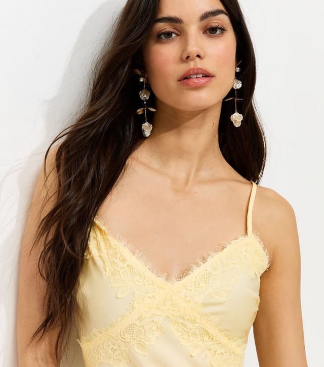 New Look Women's Light Yellow Lace Trim Slip Strappy Midi Dress New Look - 2