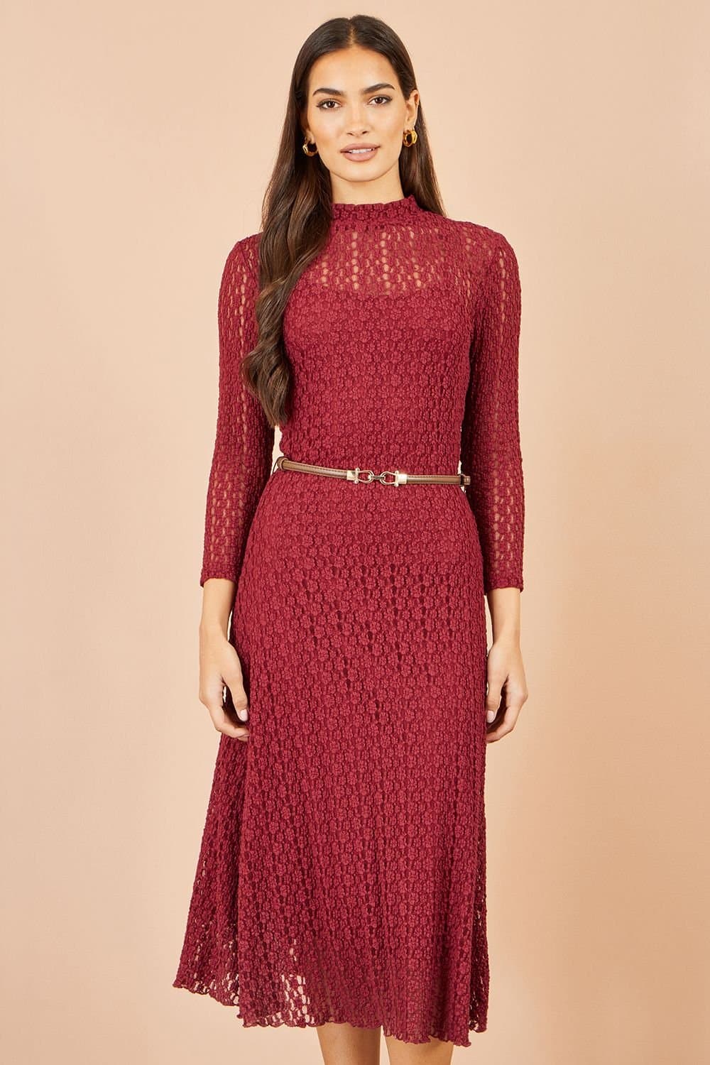 Yumi Yumi Women's High Neck Lace Midi Dress in Burgundy