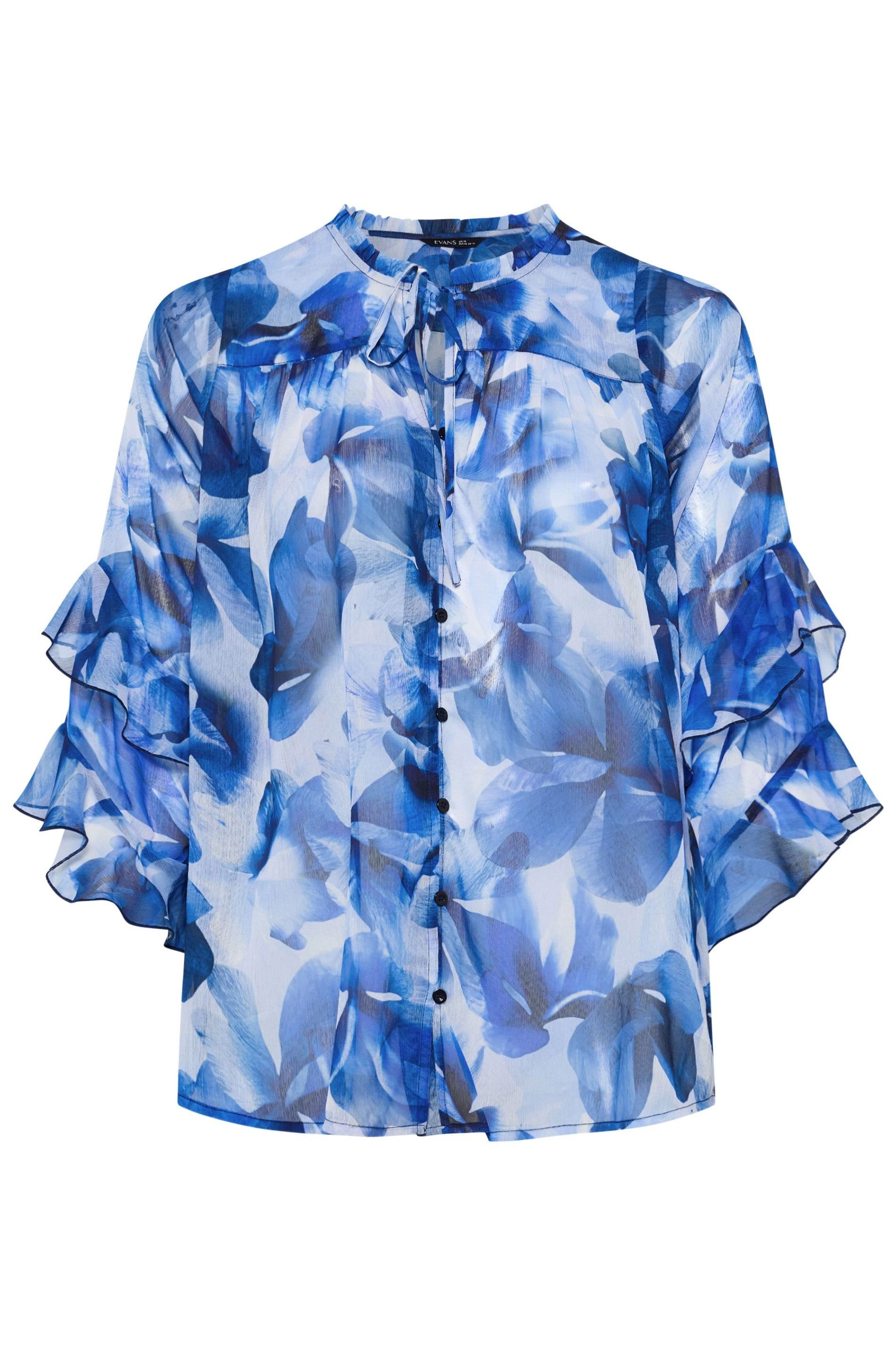 Evans Evans Women's Floral Tie Neck Frill Blouse in Cobalt - 2