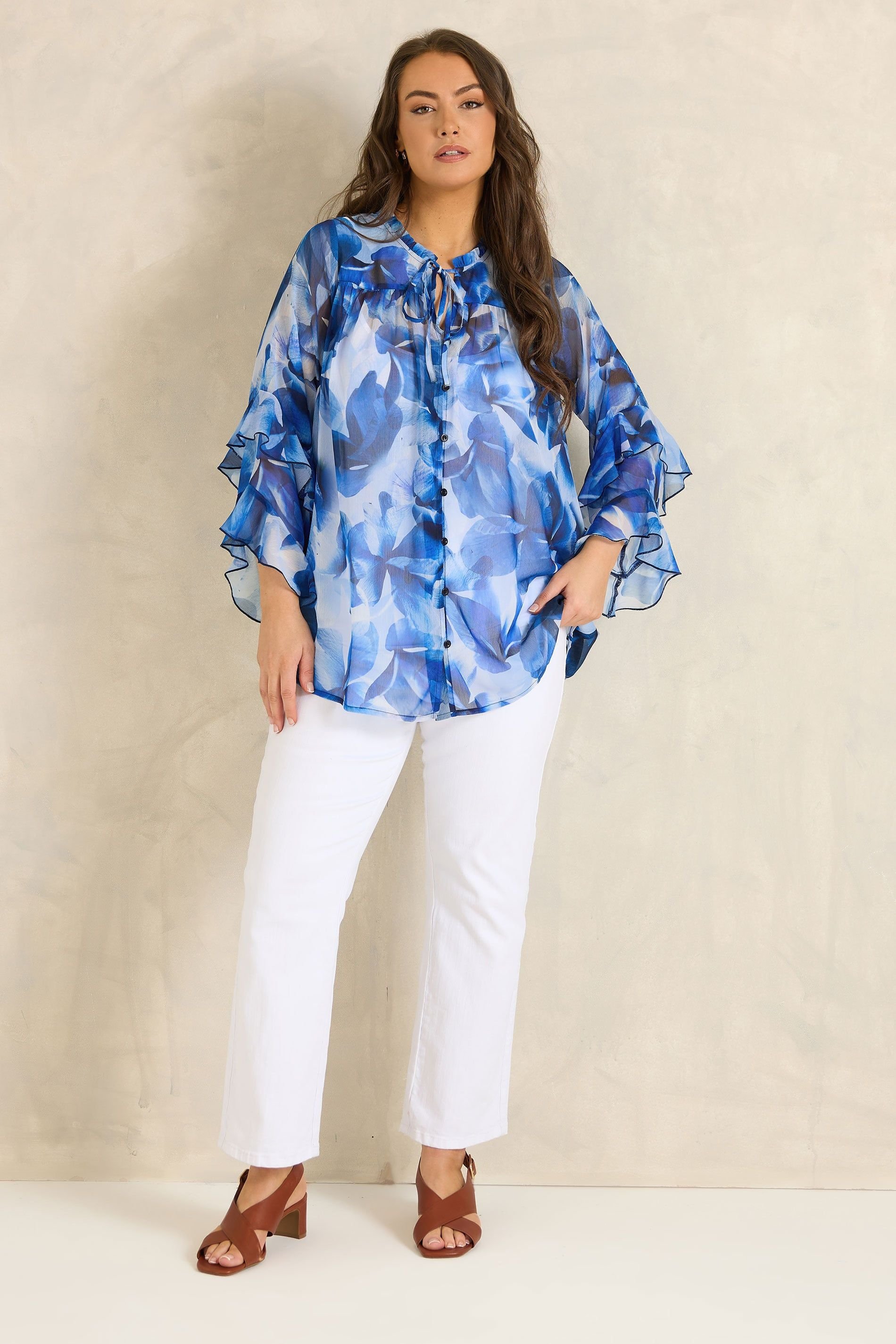 Evans Evans Women's Floral Tie Neck Frill Blouse in Cobalt - 3