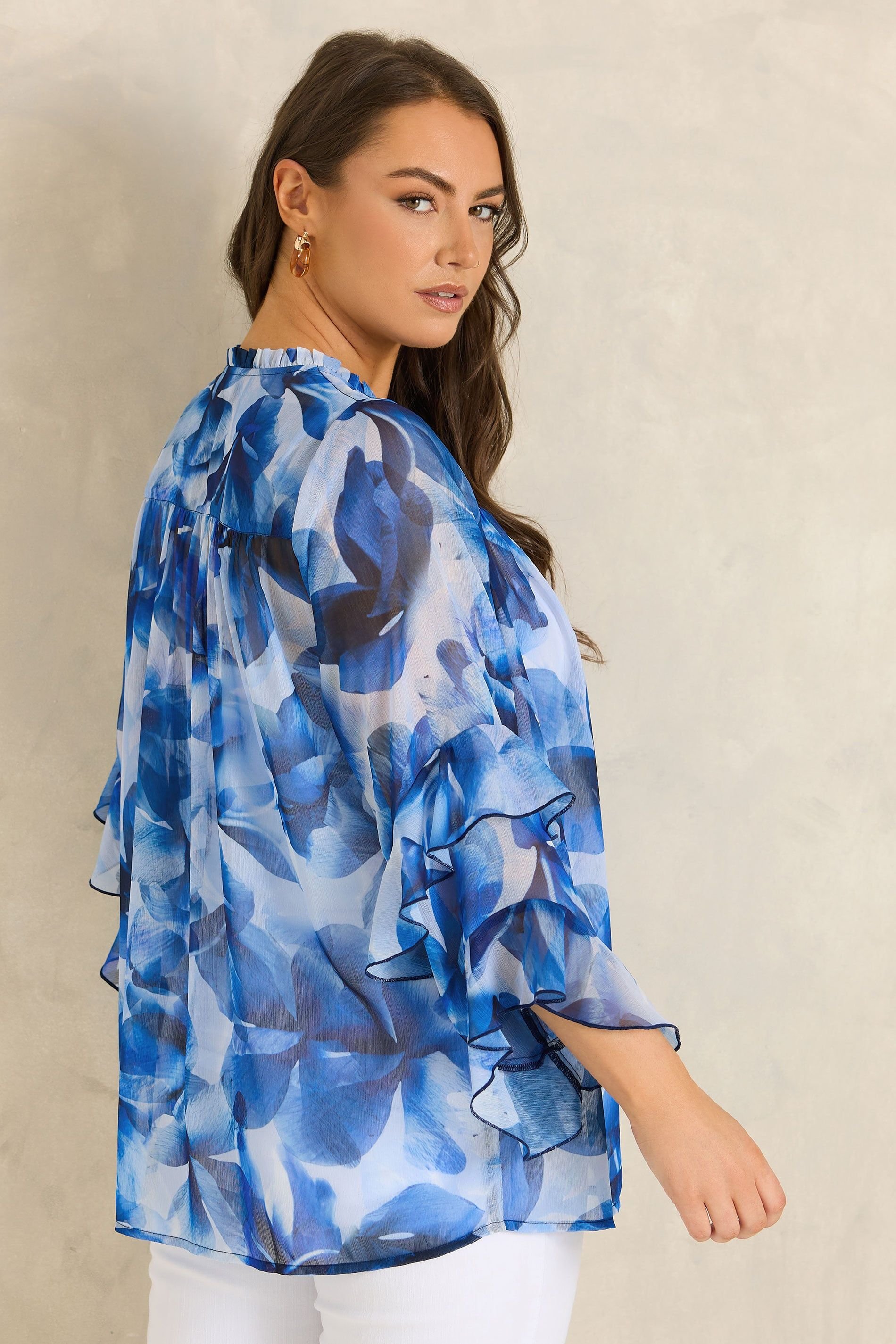 Evans Evans Women's Floral Tie Neck Frill Blouse in Cobalt - 4